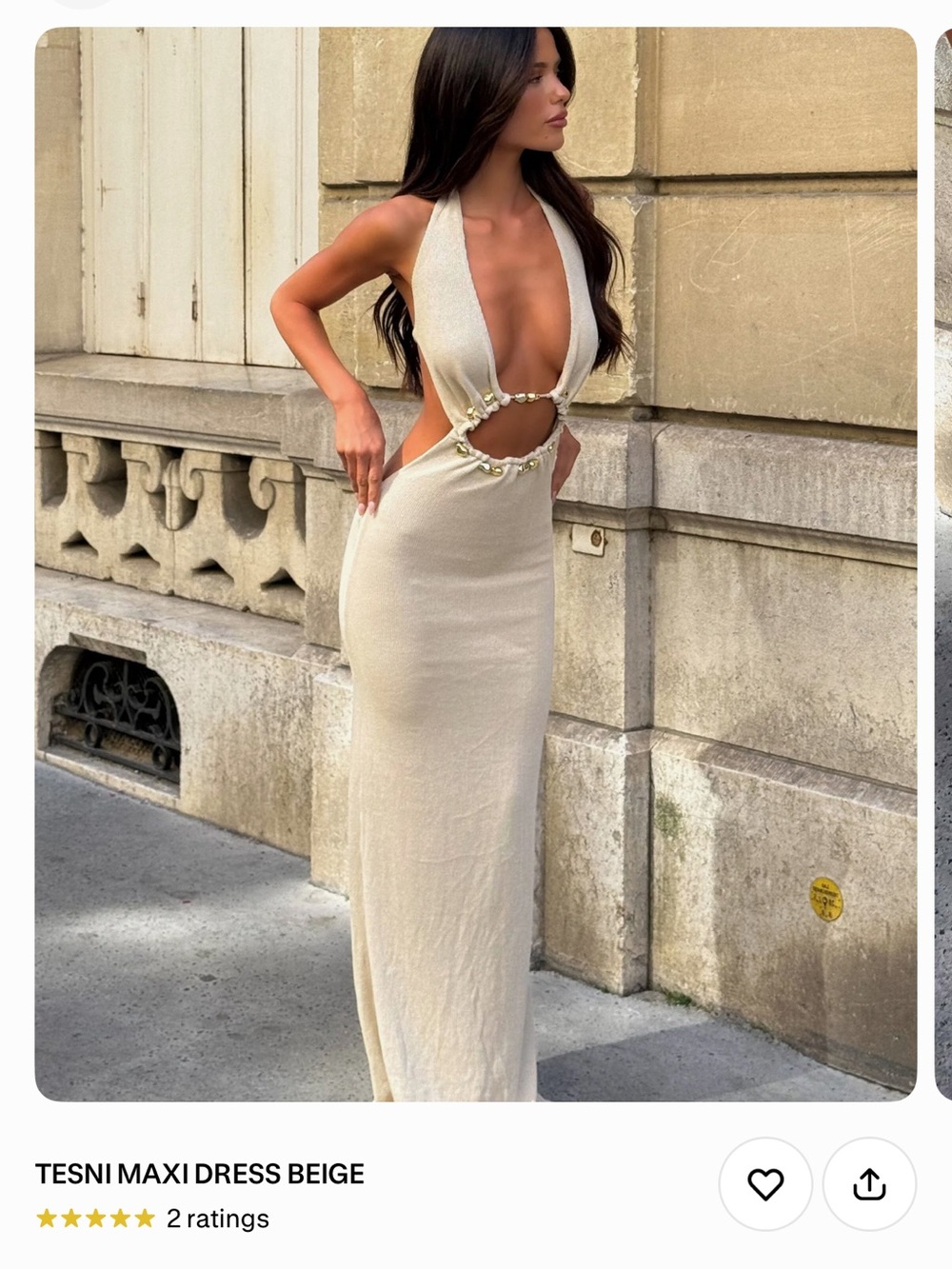 Tesni Halter Beige Maxi Dress with Decorative Ring Detail